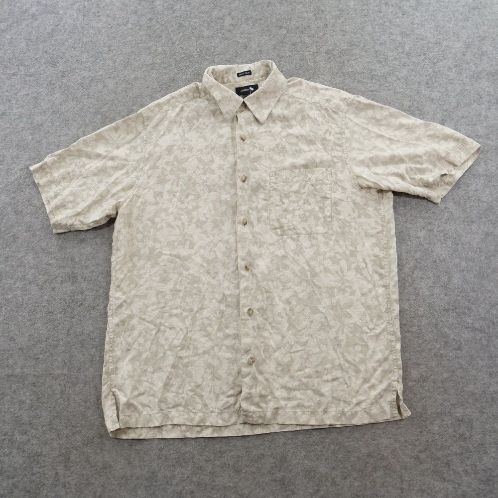 Claiborne Mens Medium Beige Silk Shirt Short Sleeve Floral Relaxed